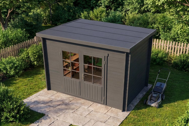 Modernes Gartenhaus aus Holz in Anthrazit mit Flachdach und Doppeltür mit Lichtausschnitten im Garten auf einer gepflasterten Fläche.