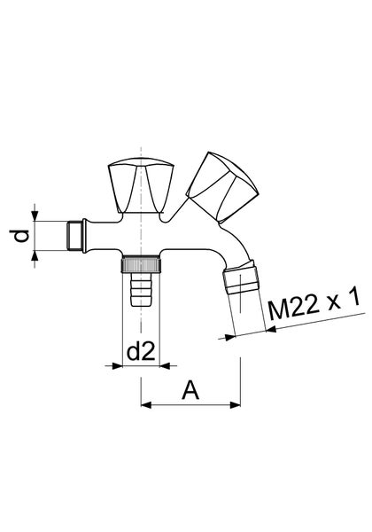 Technische Zeichnung einer Doppel-Wasserarmatur mit zwei Griffen und Maßangaben für Gewinde und Anschlüsse.