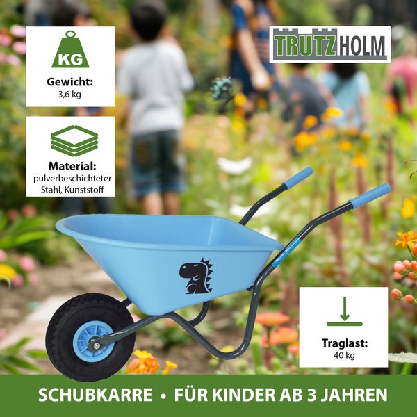 Kinderschubkarre von Trutzholm aus pulverbeschichtetem Stahl und Kunststoff mit drei komma sechs Kilogramm Gewicht und vierzig Kilogramm Traglast.