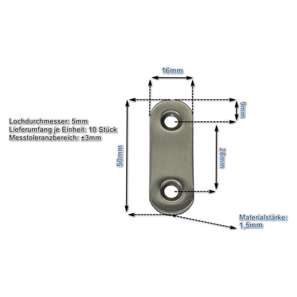 Flachverbinder aus Metall mit 50 Millimeter Laenge und 16 Millimeter Breite inklusive Bemaßungen und technischen Daten als Set mit 10 Stueck.