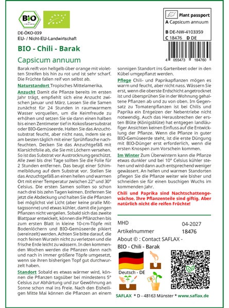 SAFLAX Geschenk Set - BIO - Chili - Barak - Capsicum annuum - 15 Samen - Mit Geschenkbox, Versandaufkleber, Geschenkkarte und Anzuchtsubstrat