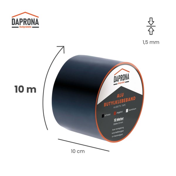 Daprona Aluminium-Butylklebeband, Breite 10 Zentimeter, Länge 10 Meter, Stärke 1,5 Millimeter, ultraviolettbeständig. Daprona Logo.