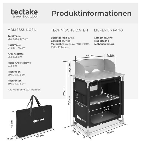 Produktinformationen zur tectake Campingküche mit Abmessungen, technischen Daten und Lieferumfang.