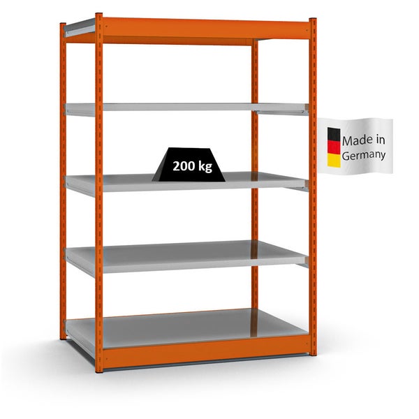 PROREGAL Fachbodenregal Stecksystem Vierkant-Profil Grundregal HxBxT 200 x 132,5 x 80 cm 5 Ebenen Einseitige Bauart Fachlast 200 kg Orange