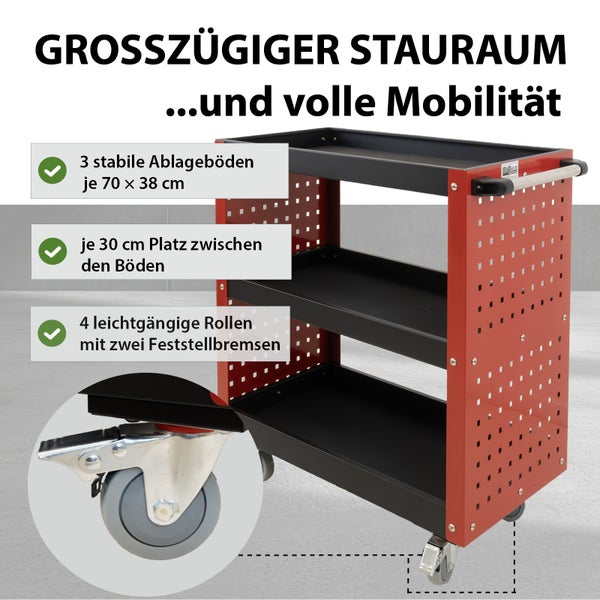 Werkstattwagen mit drei Ablageböden und vier leichtgängigen Rollen mit Feststellbremsen.