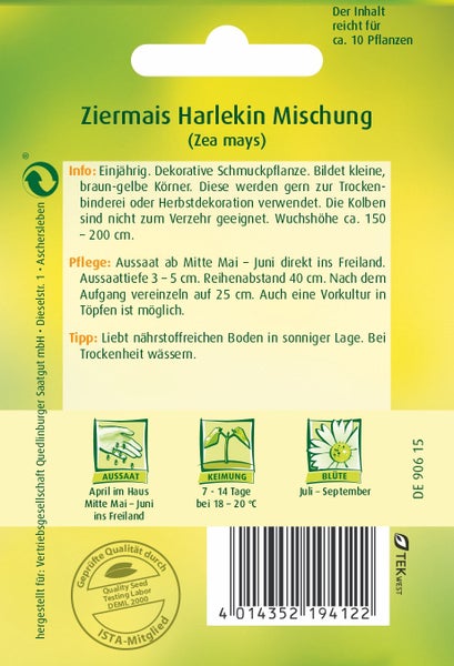 Rückseite der Saatgutpackung Ziermais Harlekin Mischung mit Anbauhinweisen, Wuchshöhe circa 150 bis 200 cm, Inhalt für circa 10 Pflanzen.