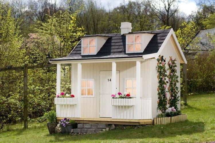 Alpholz Spielhaus Saga Kinderspielhaus aus Holz, Kinderhaus mit 45 mm Wandstärke Holzhaus Kinder, Naturbelassen 2,2x2,2m