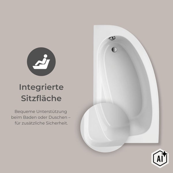 Eckbadewanne mit integrierter Sitzfläche für mehr Sicherheit und Komfort beim Baden und Duschen.