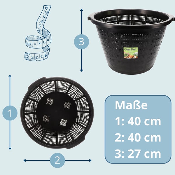 Abbildung eines schwarzen Pflanzgefäßes mit den Maßen 40 mal 40 mal 27 Zentimeter.