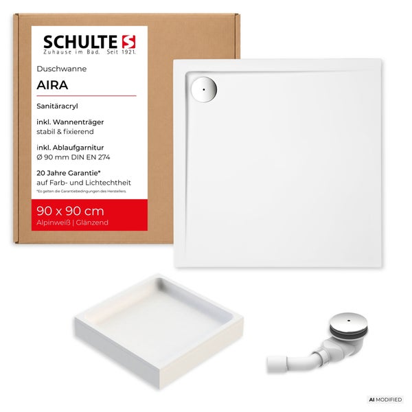 Schulte Aira Duschwanne 90 mal 90 Zentimeter aus Sanitäracryl inklusive Wannenträger und Ablaufgarnitur