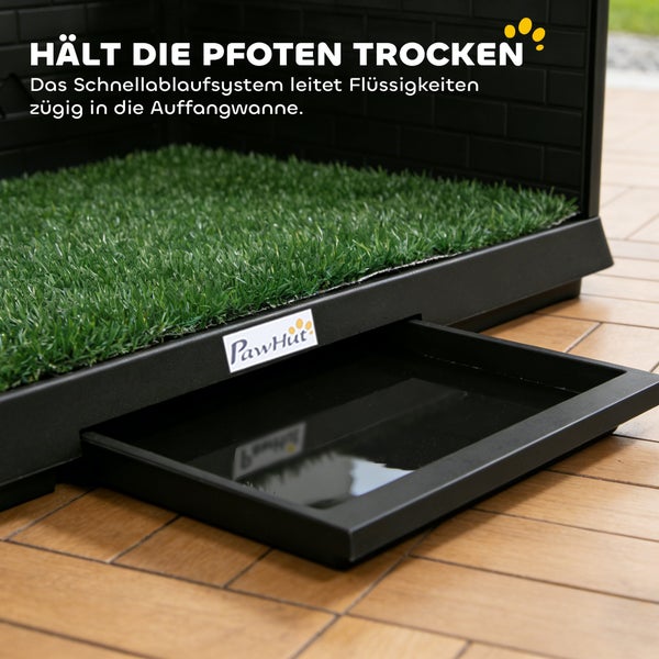 Hundetoilette mit Kunstrasen und ausziehbarer Auffangwanne zur schnellen Ableitung von Flüssigkeiten, PawHut Logo.