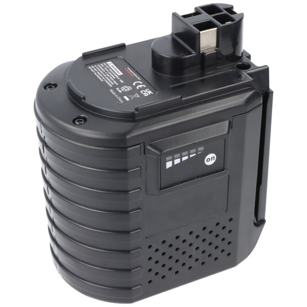 Schwarzer Ersatzakku für Elektrowerkzeuge mit Ladestandsanzeige und Anschlusskontakten.