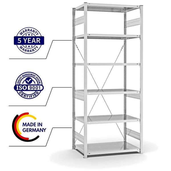 PROREGAL Fachbodenregal Stecksystem T-Profil Medium-Duty Grundregal HxBxT 250 x 100 x 60 cm 6 Ebenen Fachlast 240 kg Einseitig Nutzbar Lichtgrau