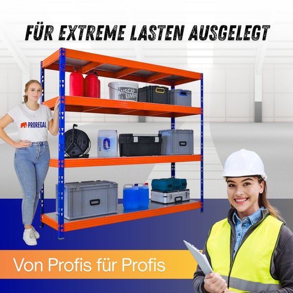 Proregal Schwerlastregal aus Metall im Lagerraum, beladen mit Werkzeugboxen und Kanistern, präsentiert von Fachpersonal.