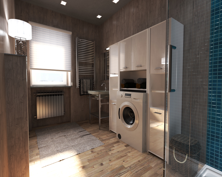 Badezimmer mit Waschmaschine, Waschbecken, Handtuchwärmer, Schrank und Dusche