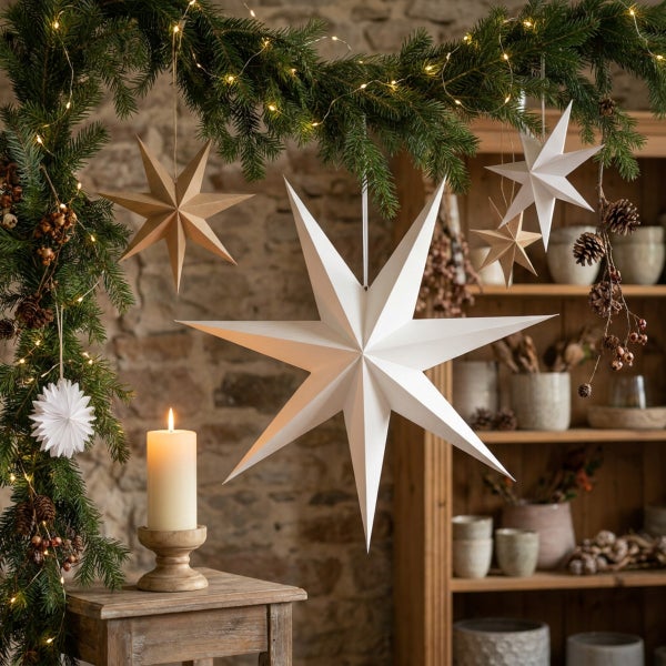 Weihnachtsdekoration mit hängenden Papiersternen und beleuchteten Tannenzweigen sowie einer Kerze in rustikaler Wohnumgebung.