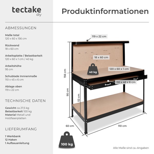 Technische Zeichnung einer Tectake Werkbank mit Maßangaben zu Abmessungen, Tragkraft, Gewicht und Lieferumfang.