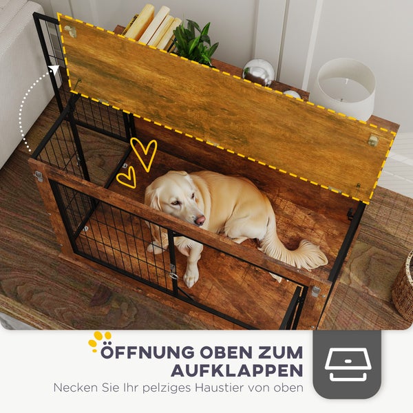 PawHut Hundekäfig Möbel, Hundebox für Zuhause, Beistelltisch für große Hunde unter 30 kg, Hundehaus mit 2 verschließbaren Türen, Stahl, 98 x 60 x 65,5 cm, Rustikales Braun