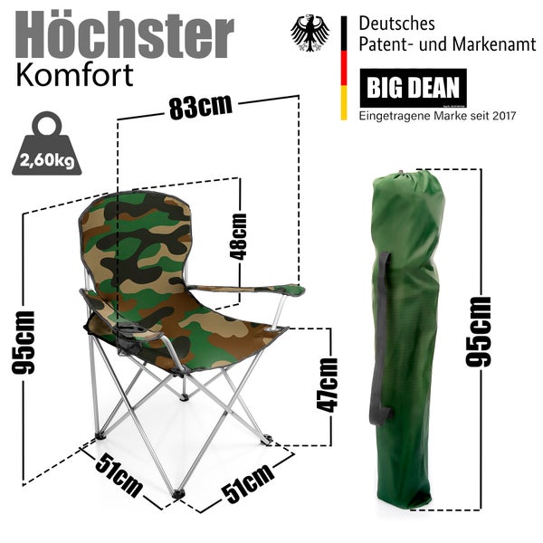 BigDean Campingstuhl für Personen ab 1,70 m - Großer Bequemer Faltstuhl in Camouflage – Anglerstuhl belastbar bis 120 kg – der Klappstuhl mit extra großer Sitzfläche für ultimativen Komfort im Freien