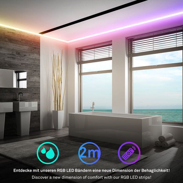 RGB LED Streifen an der Decke in einem modernen Badezimmer, wasserfest, 2 Meter Länge, inklusive Fernbedienung.