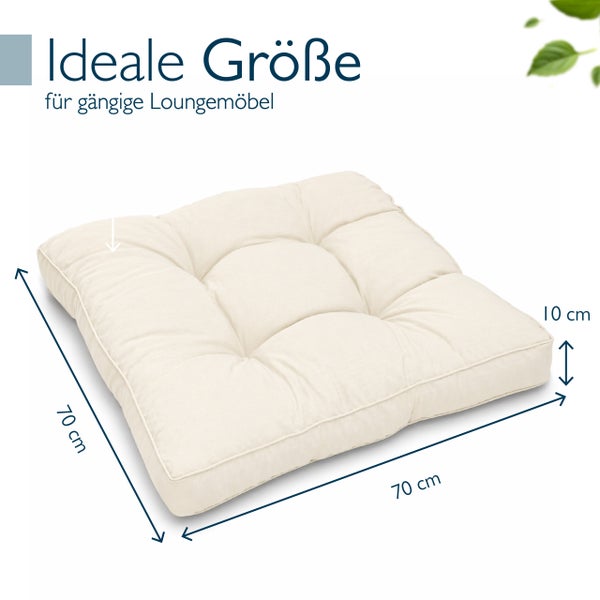 Quadratisches Loungekissen für Gartenmöbel mit Maßen von 70 mal 70 mal 10 Zentimetern.