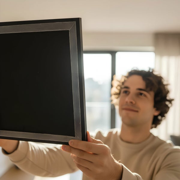Ein junger Mann hält einen leeren Bilderrahmen in einem hellen Wohnzimmer, um ihn an der Wand auszurichten.