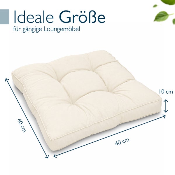 Quadratisches Loungekissen mit einer Größe von 40 mal 40 Zentimeter und einer Höhe von 10 Zentimeter für Gartenmöbel.