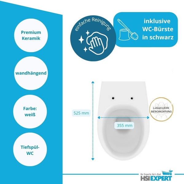 Informationen zur spülrandlosen Wandtoilette aus Premiumkeramik mit Tiefspülung und LotusClean Beschichtung, inklusive WC-Bürste