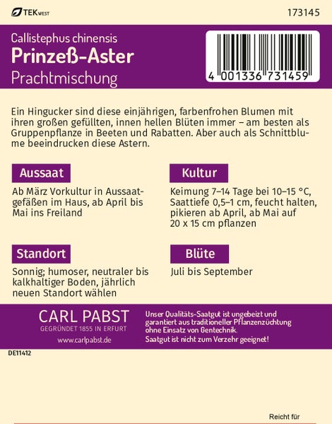 Rückseite der Samentüte Prinzeß-Aster Callistephus chinensis Prachtmischung mit Anbauanleitungen und Carl Pabst Logo.