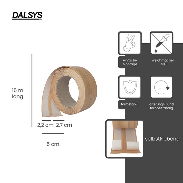 DALSYS Logo, selbstklebende Weichsockelleiste, 15 Meter lang, 5 Zentimeter breit, einfache Montage, weichmacherfrei, formstabil und farbbeständig.