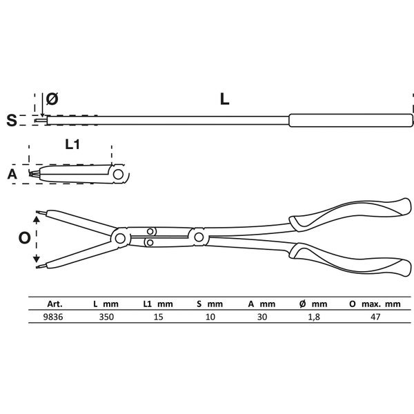 BGS Werkstattwageneinlage 1/3: Doppelgelenk-Sprengringzangen-Satz auswechselbare Spitzen 345 mm - 9836