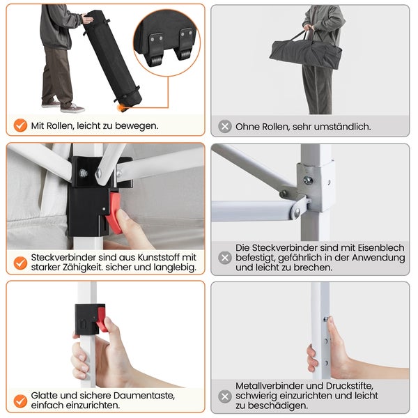 Detailansicht der Eigenschaften eines Faltpavillons: Transport mit Rollen, Kunststoffverbinder, Daumentaste