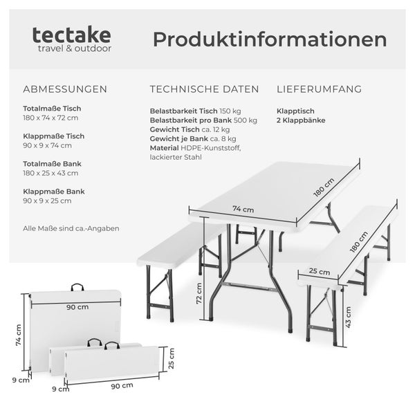 Produktinformationen zu einem Klapptisch mit zwei Klappbänken, inklusive Abmessungen und technischen Daten