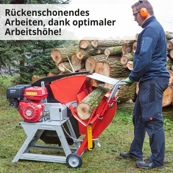 Brennholzsäge mit Mann und Holzstamm