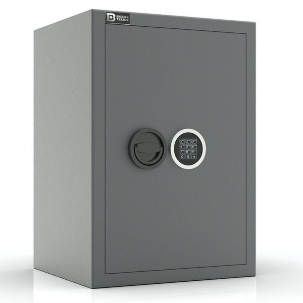 Dunkelgrauer Tresor von Bremer Tresor aus Metall mit elektronischem Zahlenschloss und Drehgriff.