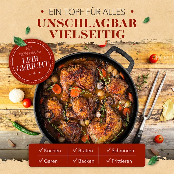 KRUSTENZAUBER Gusseisen Topf [inkl. Fleischgabel] - Robuster 26cm Gusseisen Bräter mit Deckel Backofengeeignet - Ideal als Schmortopf Induktion, Dutch Oven Set, Kazan, Cast Iron Pot, Kochtopf