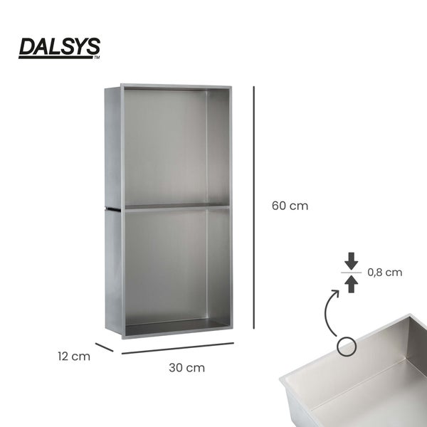 Dalsys Wandnische aus Edelstahl mit zwei Fächern, Maße 60 mal 30 mal 12 Zentimeter, Randstärke 0,8 Zentimeter, Dalsys Logo.