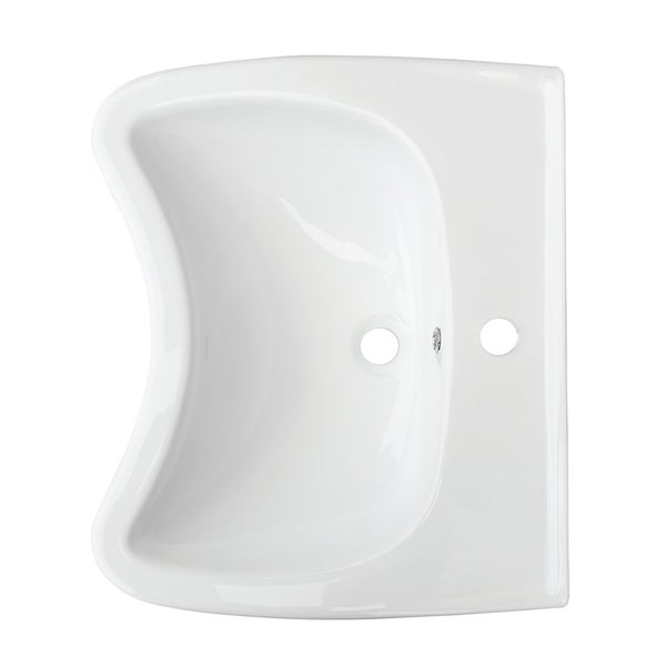 Keramik-Waschbecken mit geschwungener Beckenform, Hahnloch und Überlauf, Ansicht von oben.