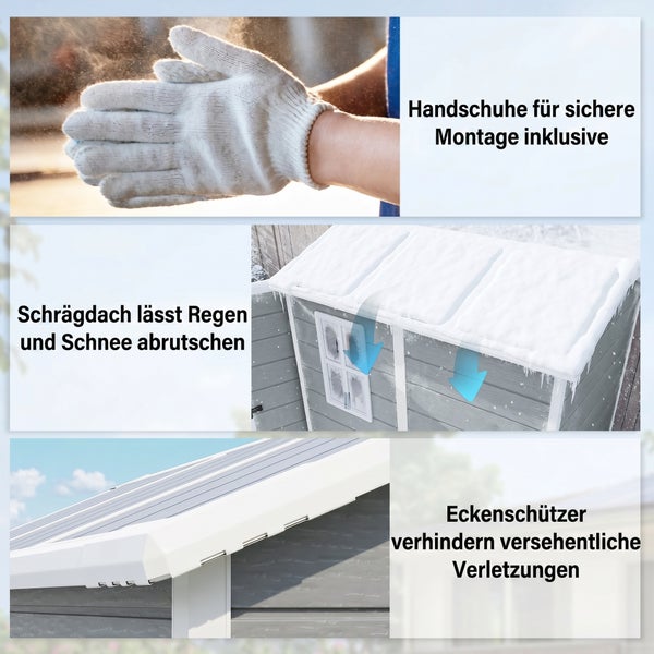 Produktmerkmale eines Gartenhauses mit Schutzhandschuhen zur Montage, einem Schrägdach für Schnee und Eckschützern zur Unfallvermeidung.