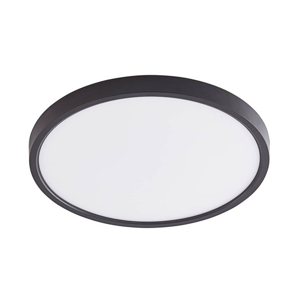 Runde Deckenleuchte mit dunkelgrauem Rahmen und weißem Diffusor.
