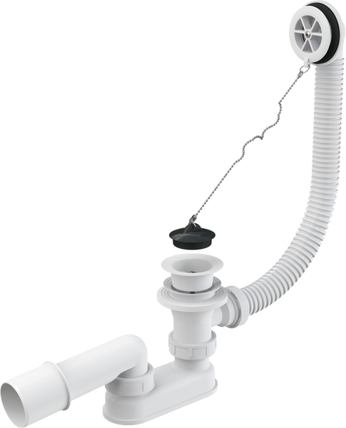 Kunststoff Badewannenablaufgarnitur mit Überlaufschlauch und Stopfen an einer Kette zur Installation in der Badewanne.