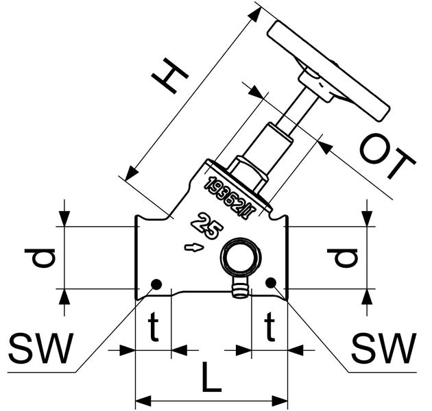 Technische Zeichnung eines Schrägsitzventils mit Bemaßung für Höhe, Länge, Durchmesser und Schlüsselweite.