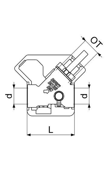Technische Zeichnung einer Rohrarmatur mit den Maßangaben d, L und OT sowie Kennzeichnungen für Nennweite 25 und deutsche Industrienormen.