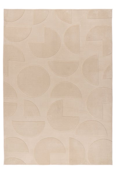Rechteckiger Teppich mit geometrischem Kreis- und Halbkreis-Muster für Wohnräume.