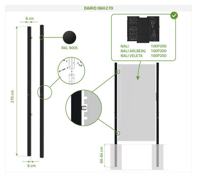 Set mit 2 DARIO-Eisenpfosten, 6 x 6 cm, H. 270 cm, Mattschwarz