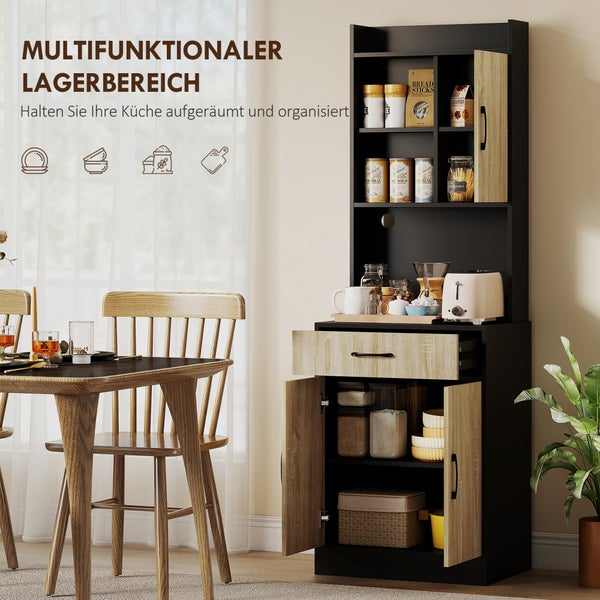Schwarzer Küchenschrank mit hellen Holzfronten, Regal, Schublade und Unterschrank, organisiert in einem hellen Esszimmer mit Holztisch.