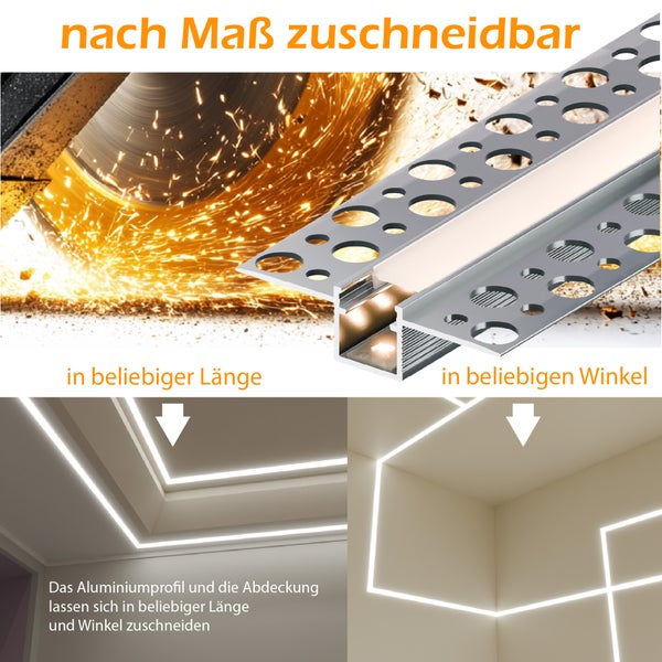 Aluminiumprofil für LED Streifen mit Abdeckung, individuell kürzbar und im Winkel zuschneidbar für den Einbau in Wände und Decken.