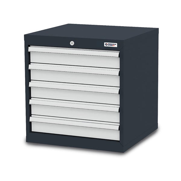 Werkzeugschrank aus Metall in Anthrazit mit fünf grauen Schubladen und einem Schloss.