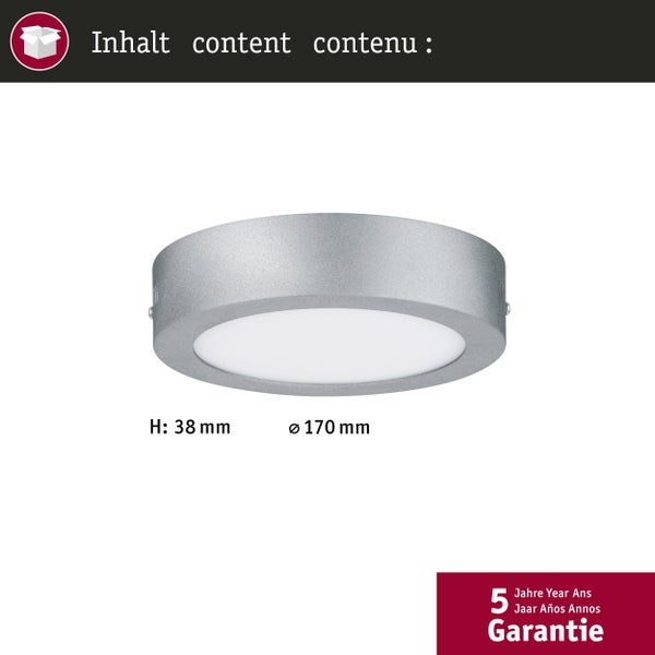 Runde LED-Aufbauleuchte aus Metall mit weißem Diffusor, Höhe 38 Millimeter, Durchmesser 170 Millimeter, 5 Jahre Garantie.