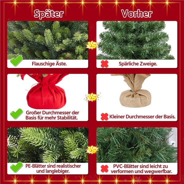 Vergleich von Weihnachtsbaumdetails: Dichte Äste, Basisdurchmesser und PE-Blätter im Vergleich zu spärlichen Zweigen, kleinem Basisdurchmesser und PVC-Blättern.